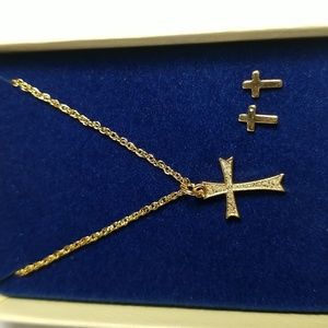 New Vintage Gold Cross Necklace Earrings Set
